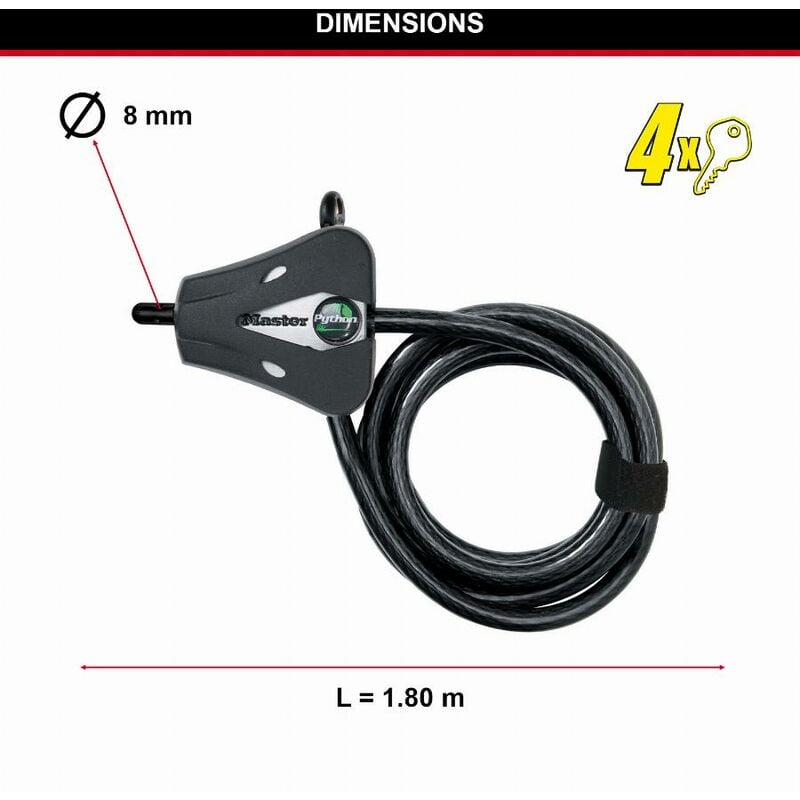 foto del prodotto master lock cavo regolabile antifurto da 30 cm a 1,8 m python 8418eurd ideal per strumenti, attrezzature sportive, mobili da giardino