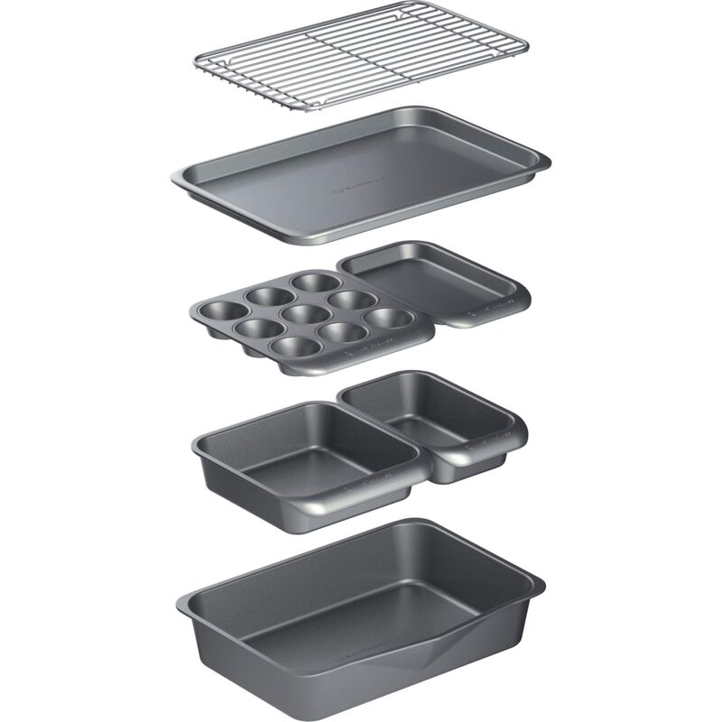 foto del prodotto masterclass set da forno antiaderente impilabile da 7 pezzi teglia per arrostire, quadrata, per dolci, muffin, due teglie da forno e griglia di