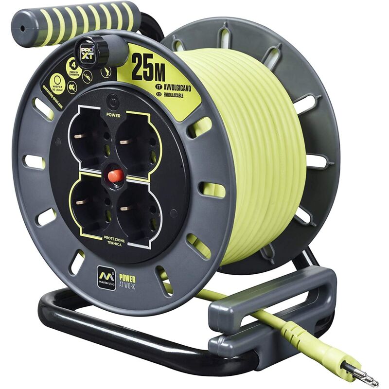 foto del prodotto masterplug pro xt avvolgicavo 25 metri, 4 prese universali prolivalent bipasso, eu, schuko, prolunga elettrica 16a, indicatore led, cavo alta