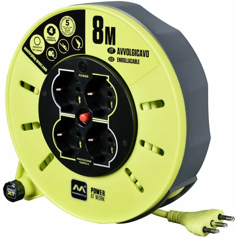 foto del prodotto masterplug pro xt avvolgicavo 8 metri, 4 prese eu schuko, prolunga elettrica 16a, protezione termica, cavo alta visibilit 