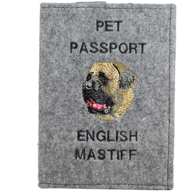 foto del prodotto mastino inglese, mastino portapassaporto per cani, portadocumenti, regalo per viaggiatori di art dog
