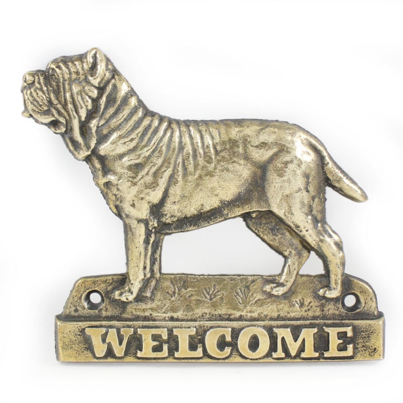 foto del prodotto mastino napoletano, mastino napoletano, mastino napoletano cartello porta con un cane, targa di benvenuto in ottone, cartello unico con la scritta