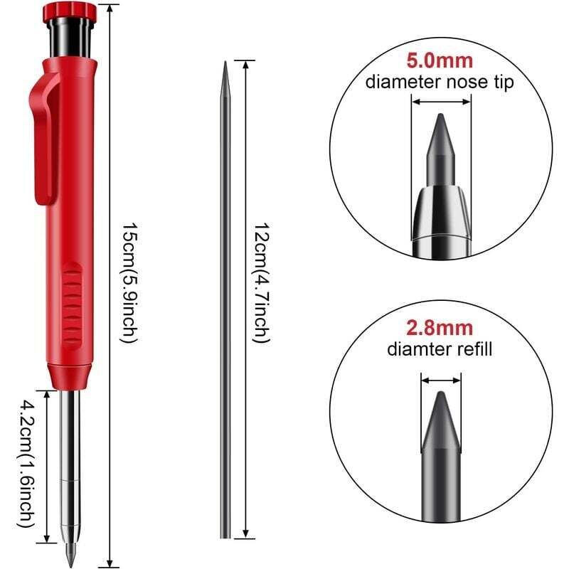 foto del prodotto matite da carpentiere rosse, portamine con temperamatite incorporato e 6 mine, matite da carpentiere con foro profondo, matite da costruzione a naso