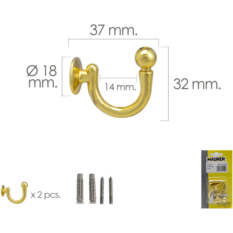 foto del prodotto maurer 05391000 gancio a vite in ottone 37 mm con tasselli e viti blister 2 pezzi , multicolore