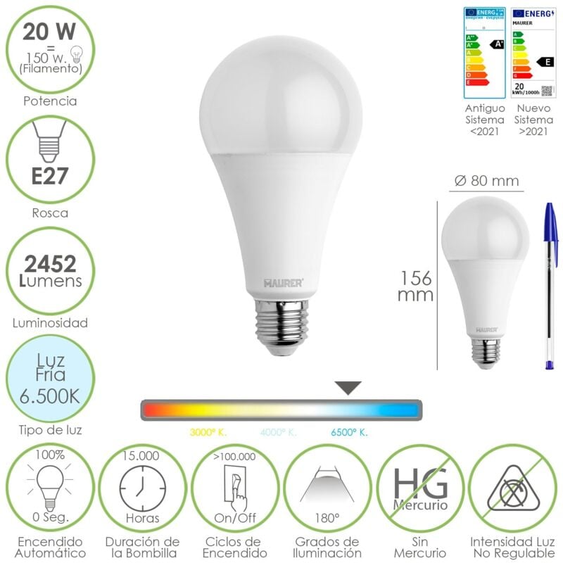 foto del prodotto maurer bombilla led estandar rosca e27. 20 watt. equivale a 150 watt. 2452 lumenes. luz fria 6500 k. 