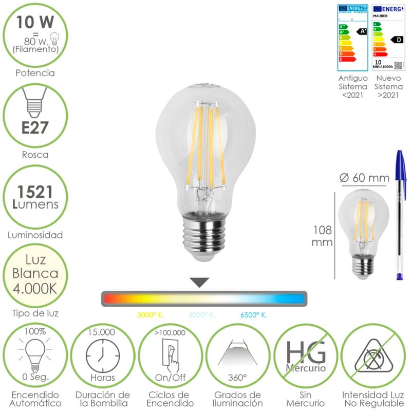 foto del prodotto maurer - bombilla led filamento standar rosca e27. 10 watt. equivale a 80 watt. 1521 lumenes. luz neutra 4000 k.