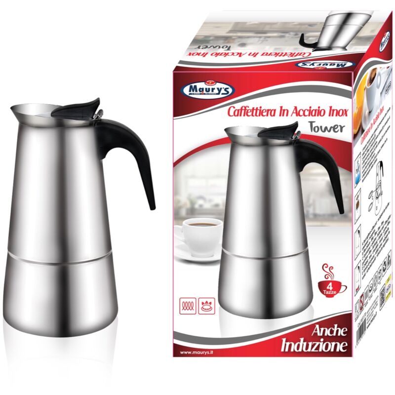 foto del prodotto maury s caffettiera in acciaio tower per fornello a induzione 4 tazze 