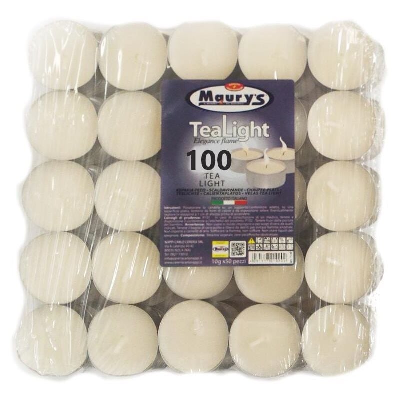 foto del prodotto maury s candeline tea light 100pz bianche senza profumo base in metallo