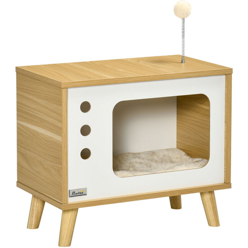 foto del prodotto maury s casetta per gatti in truciolato a forma di televisore con cuscino e pallina giocattolo. 50x28x43 cm