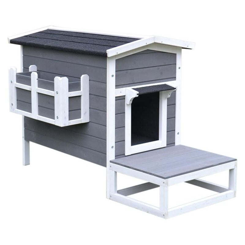 foto del prodotto maury s cuccia da esterno rialzata con balconcino e tetto impermeabile in legno. grigio. 83x66.5x74.7cm
