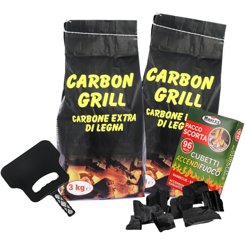 foto del prodotto maury s kit carbonella 6 kg cubi accendifuoco 96 pz ventaglio 32 cm per barbecue