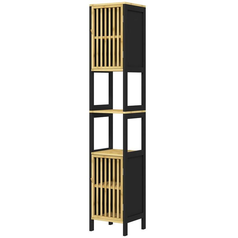 foto del prodotto maury s mobiletto bagno a doghe con 2 ripiani aperti e 2 armadietti. in mdf e bamb . 32x30x172 cm. nero e color legno