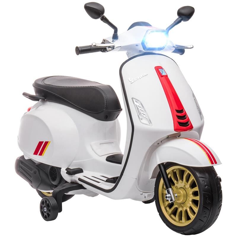 foto del prodotto maury s moto elettrica per bambini a licenza vespa con rotelle. fanale e musica. in pp e metallo. 107x47x73 cm. bianco