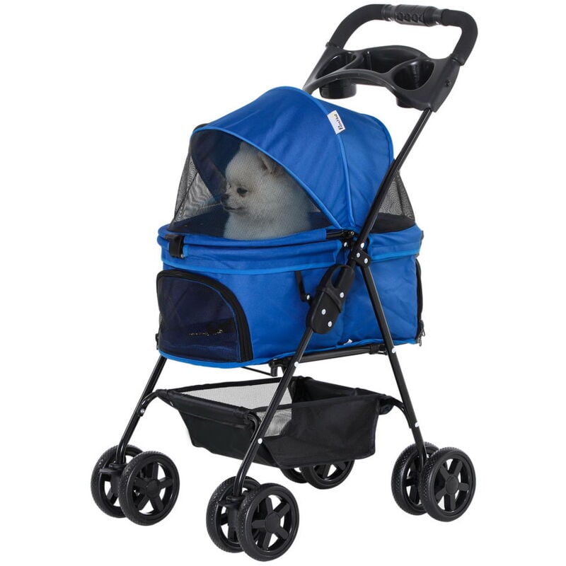 foto del prodotto maury s passeggino per cani pieghevole con guinzaglio di sicurezza e cestino portaoggetti. blu