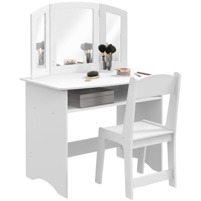 foto del prodotto maury s set da trucco per bambini con tavolo toeletta con specchio triplo rimovibile e sedia in legno bianco