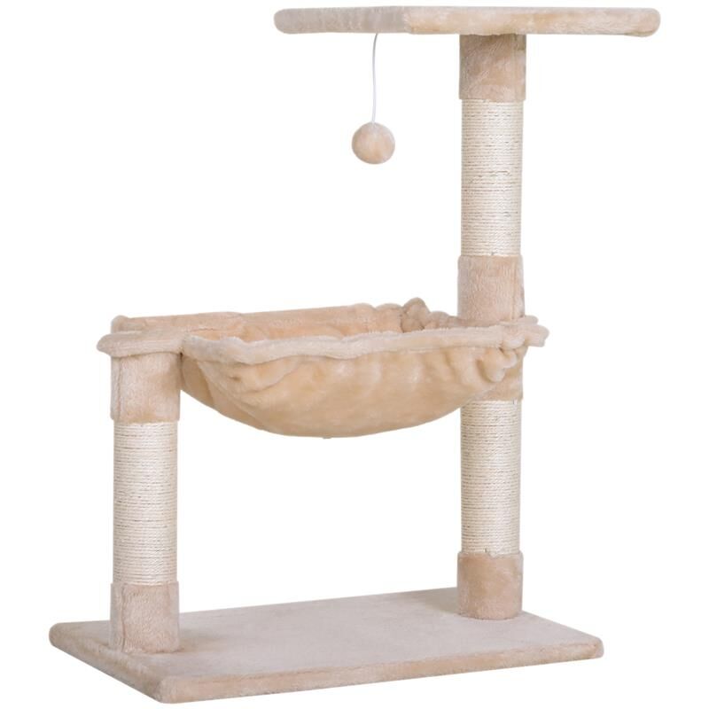 foto del prodotto maury s torre per gatti max 3.6kg con amaca e pallina appesa. in legno e peluche. 50x36x70 cm. beige