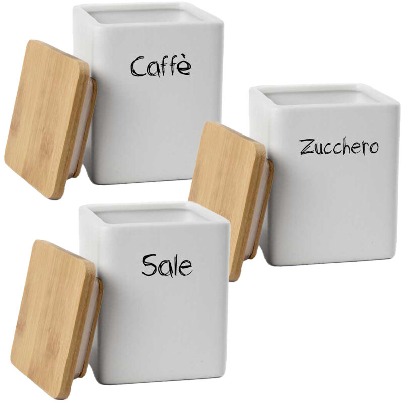 foto del prodotto maury s tris barattoli quadrati ceramica top legno 10x13cm sale.zucchero e caff e chiusura ermetica ad incastro
