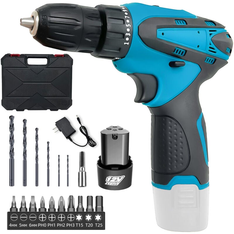 foto del prodotto mawiron set trapano, avvitatore a batteria 12v, trapano a batteria, 1350rpm, set trapano con accessori 17 bit, led, avvitatore a vite rotante,