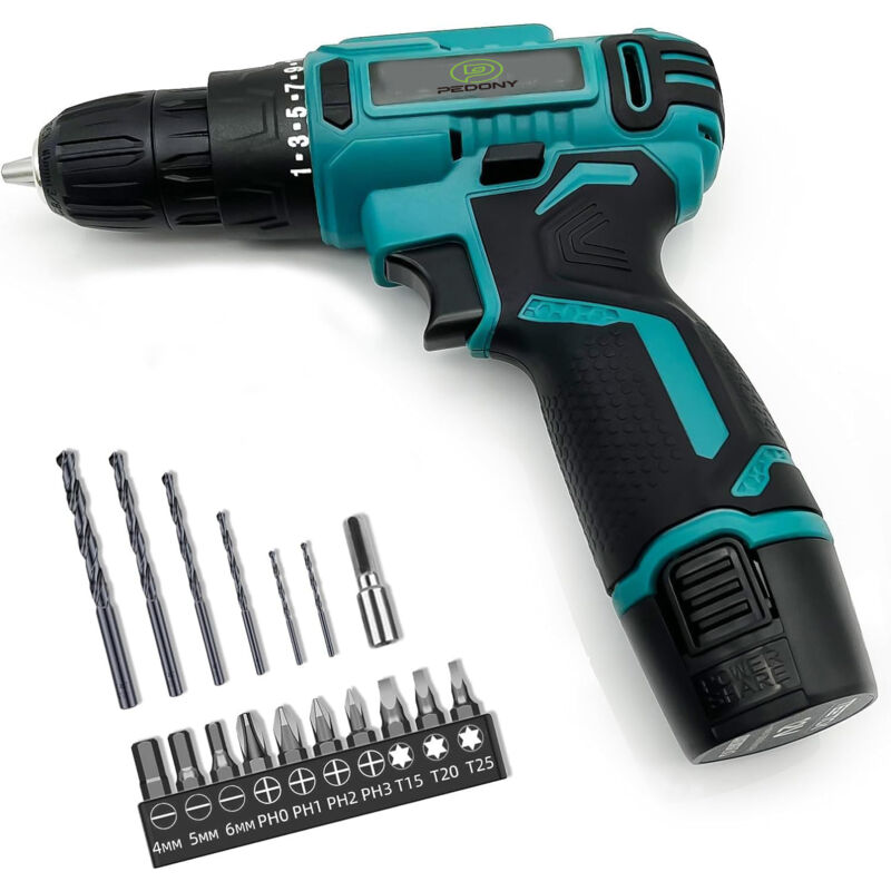 foto del prodotto mawiron trapano, set di trapano a batteria 12v, batteria 1500 ah, 50 nm, livello di coppia 25 1, mandrino da 10 mm, 2 velocit , luce led, 16