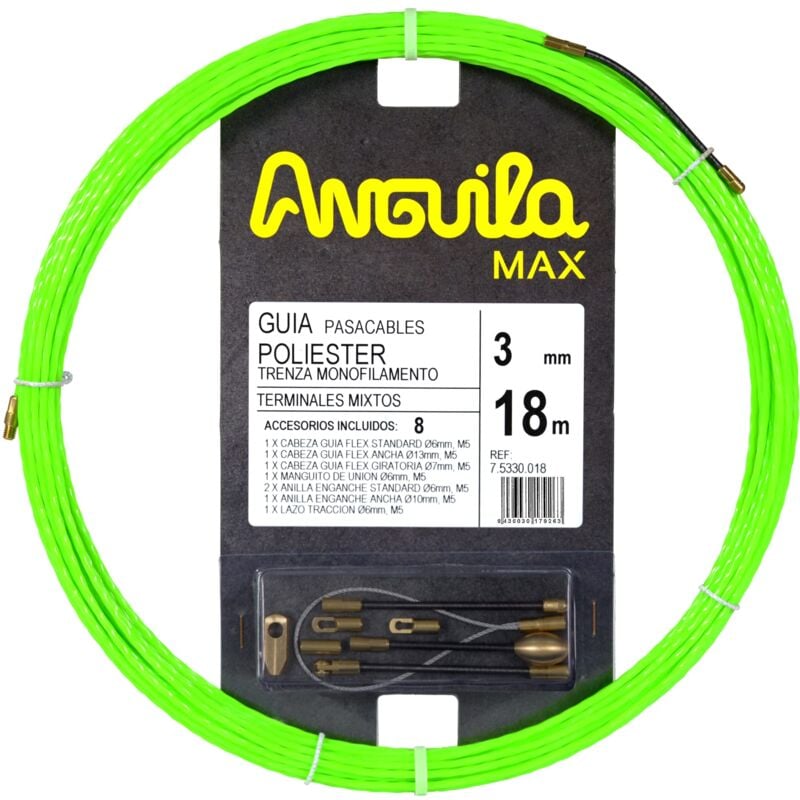 foto del prodotto max guida passacavi tubi stretti monofilamento poliestere intrecciato terminali misti colore verde diametro 3mm 18 metri anguila