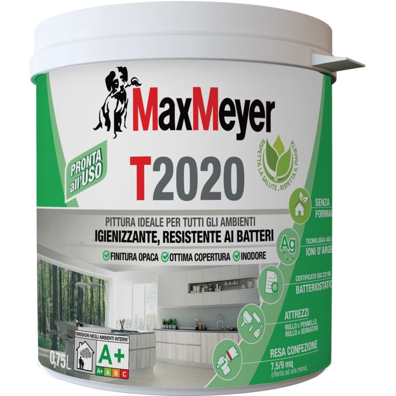 foto del prodotto max meyer maxmeyer t2020, pittura per interni traspirante igienizzante, bianco, 0.75l