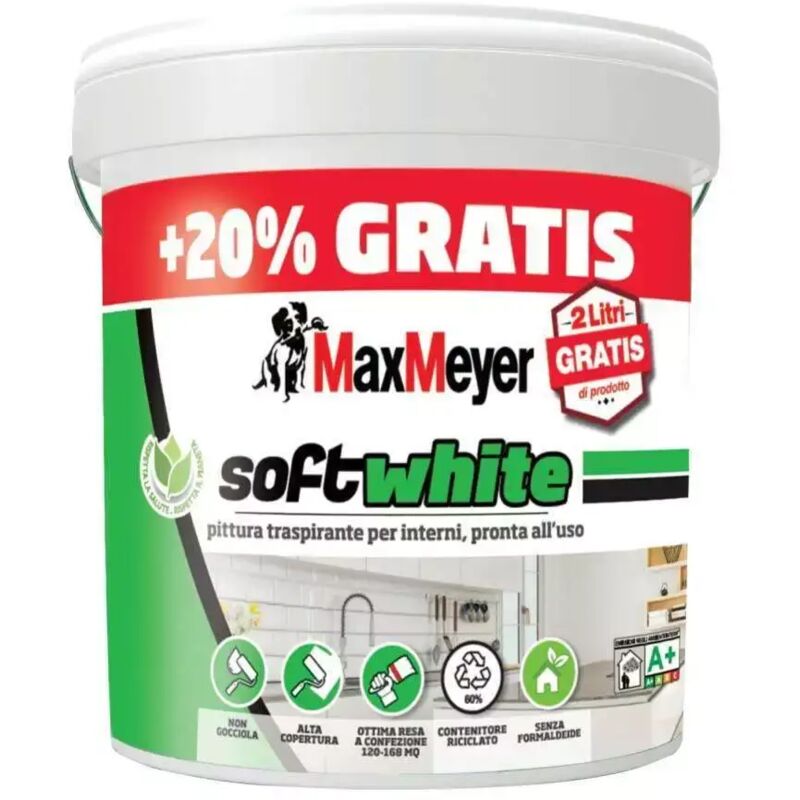 foto del prodotto max meyer pittura traspirante per interni pronta all uso soft white 10lt 2lt omaggio