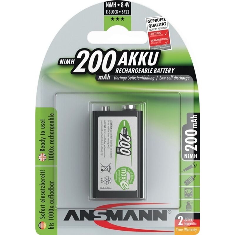 foto del prodotto maxe 6lr61 batteria ricaricabile da 9 v nimh 200 mah 8.4 v 1 pz. - ansmann