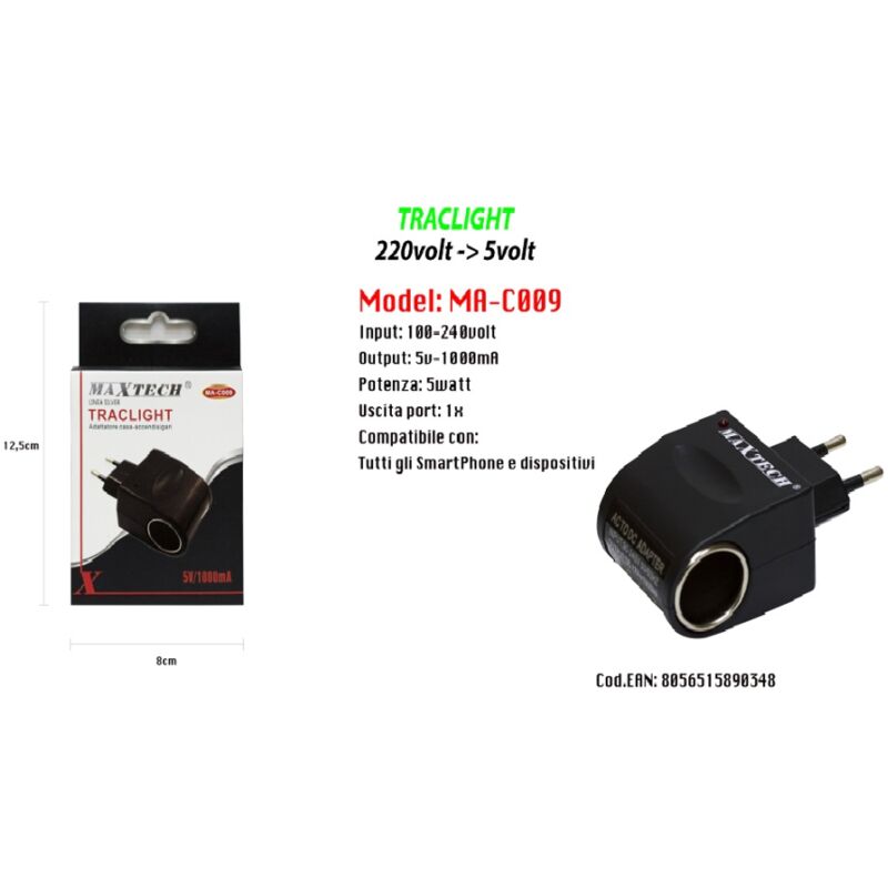 foto del prodotto maxtech adattatore accendisigari da auto casa ricarica smartphone dispositivi 5v 1000ma maxtech ma c009 