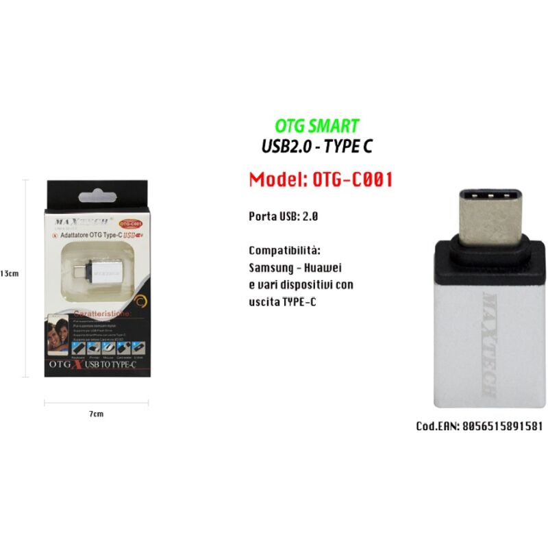 foto del prodotto maxtech adattatore otg usb 2.0 per smartphone dispositivi uscita type c otg c001 