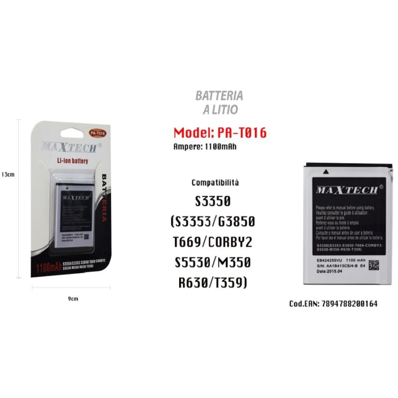 foto del prodotto maxtech batteria a litio 1100mah per samsung s3350 ricambio smartphone pa t016 