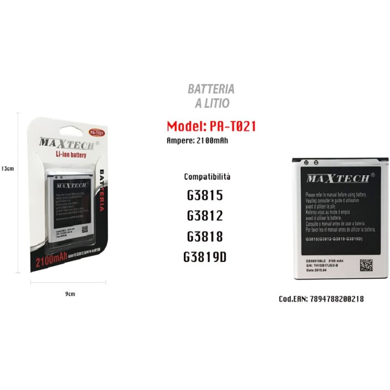 foto del prodotto maxtech batteria a litio 2100mah per samsung galaxy g3815 g3812 g3818 g3819d pa t021 