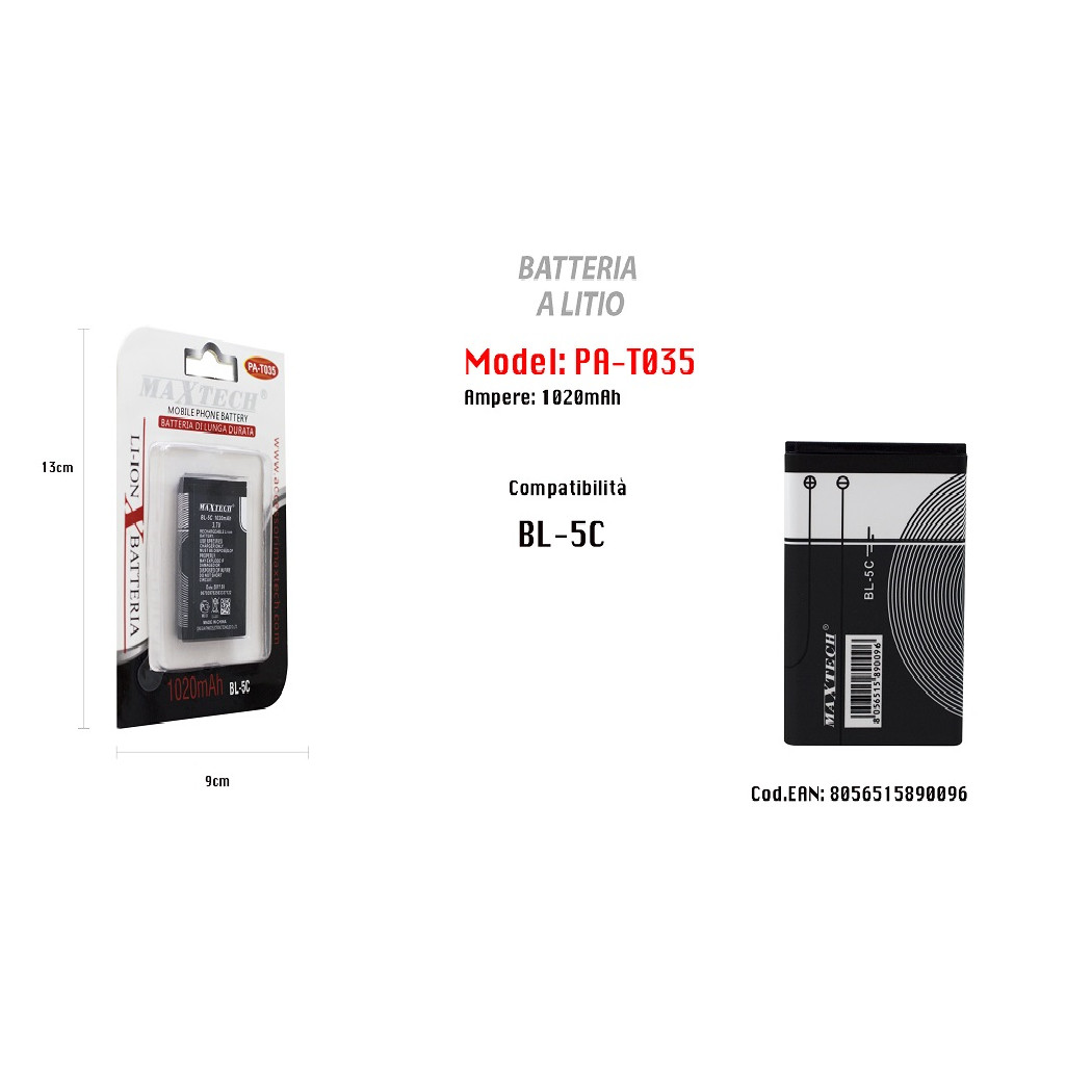 foto del prodotto maxtech batteria a litio compatibile con bl 5c cellulare smartphone 1020mah pa t035 