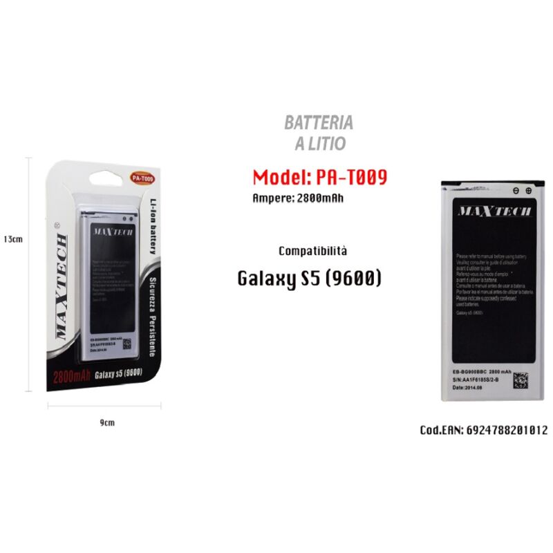 foto del prodotto maxtech batteria a litio compatibile galaxy s5 cellulare smartphone 2800mah pa t009 