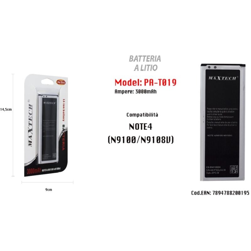 foto del prodotto maxtech batteria a litio compatibile per samsung galaxy note 4 3000mah pa t019 