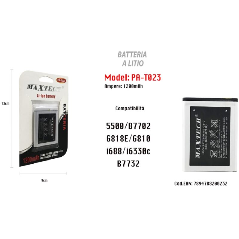 foto del prodotto maxtech batteria a litio compatibile samsung 5500 cellulare smartphone 1200mah pa t023 