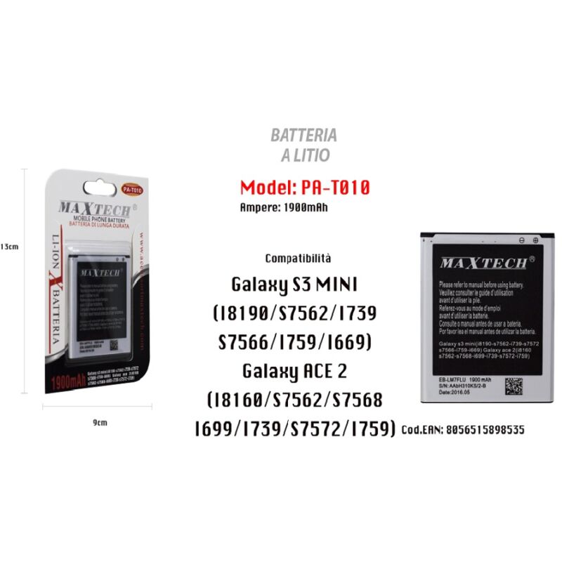 foto del prodotto maxtech batteria a litio galaxy s3 mini ace 2 ricambio cellulare smartphone 1900mah pa t010 