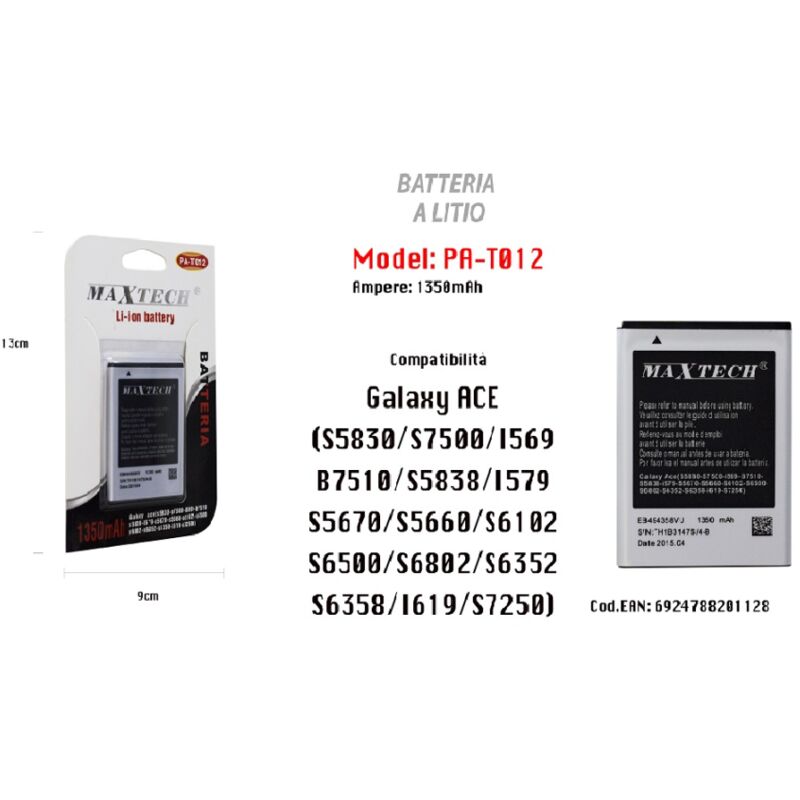 foto del prodotto maxtech batteria a litio per galaxy ace compatibile cellulare smartphone 1350mah pa t012 