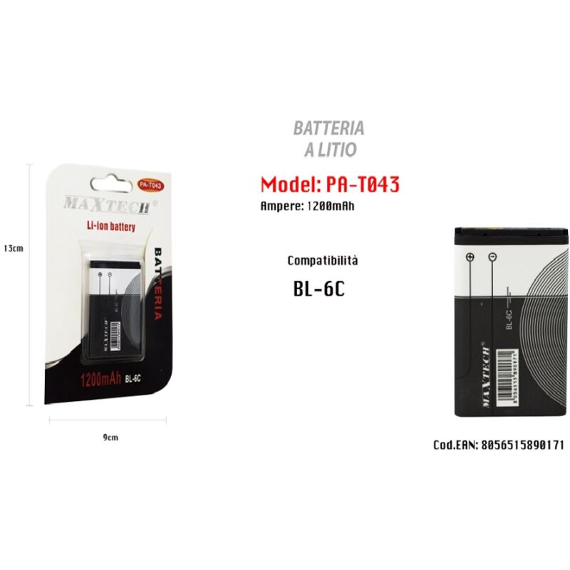 foto del prodotto maxtech batteria a litio ricambio compatibile con bl 6c 1200mah smartphone pa t043 