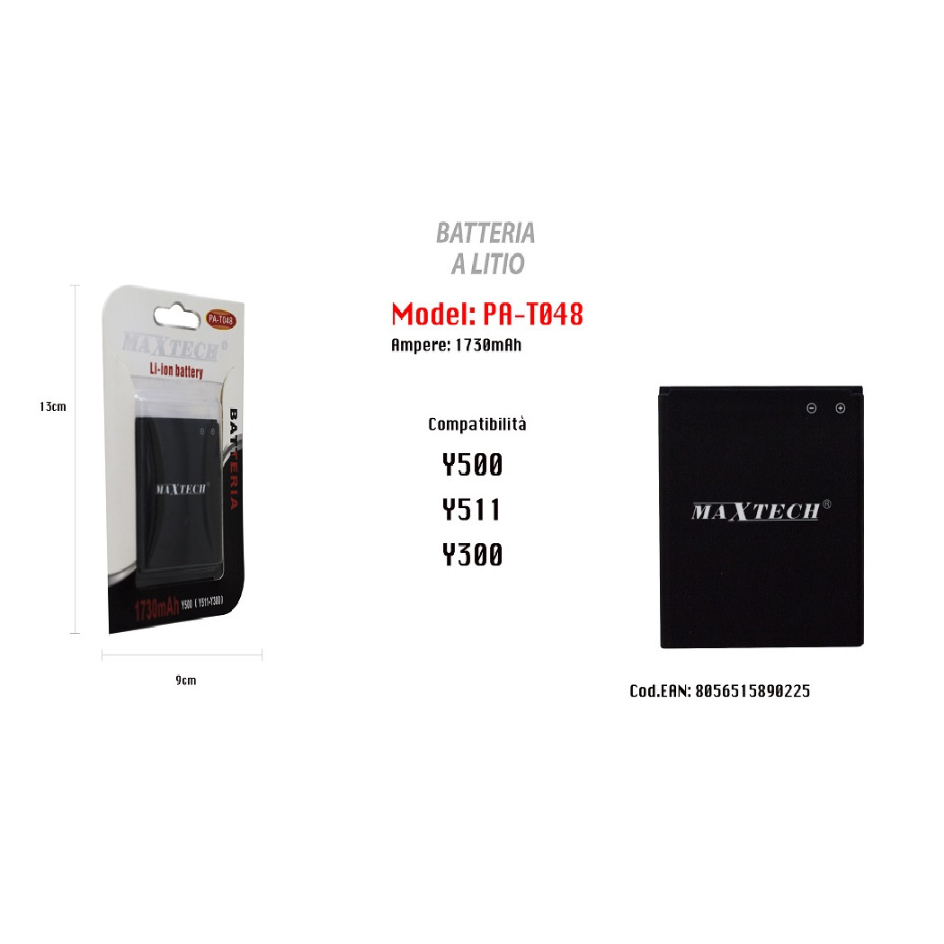 foto del prodotto maxtech batteria di ricambio compatibile per huawei y500 y300 y511 1730mah pa t048 
