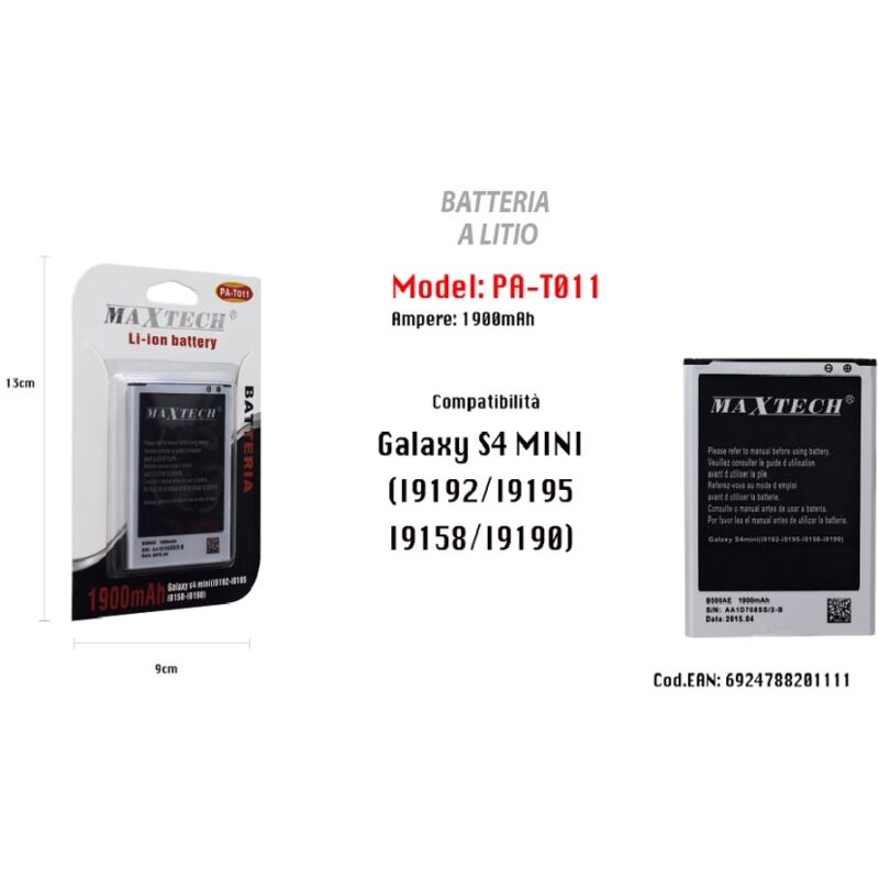 foto del prodotto maxtech batteria galaxy s4 mini a litio cellulare smartphone ricambio 1900mah pa t011 