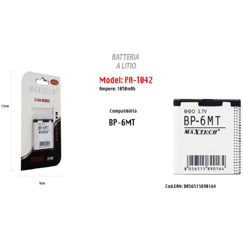 foto del prodotto maxtech batteria li ion 1050mah compatibile con modello bp 6mt 3.7v ricambio pa t042 