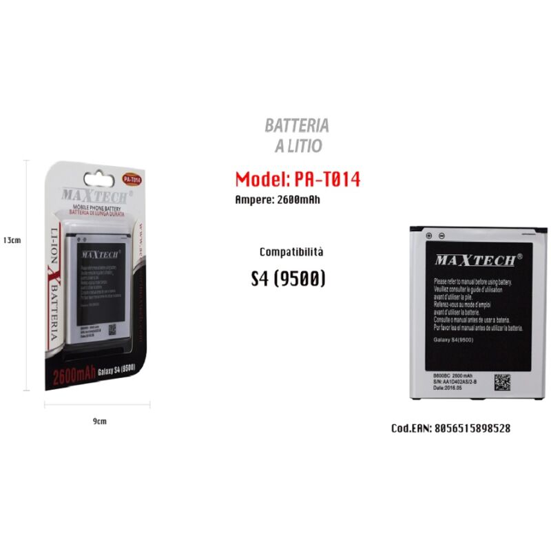foto del prodotto maxtech batteria s4 9500 ricambio cellulare smartphone a litio 2600mah pa t014 