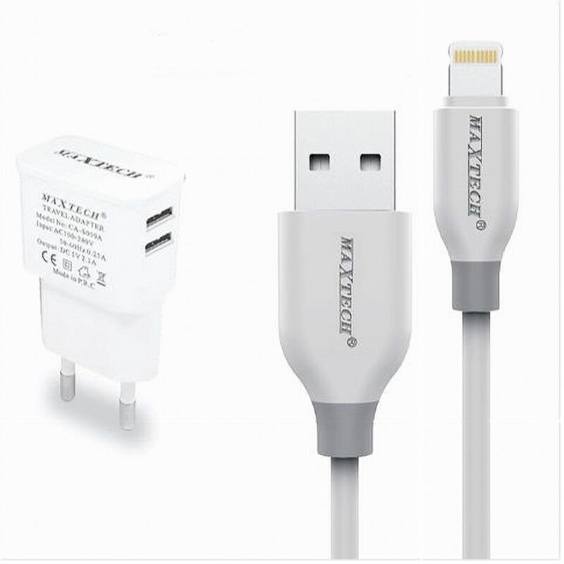 foto del prodotto maxtech caricabatteria caricatore 2 porte usb 2.1a cavo lightning 1 mt ca s038 
