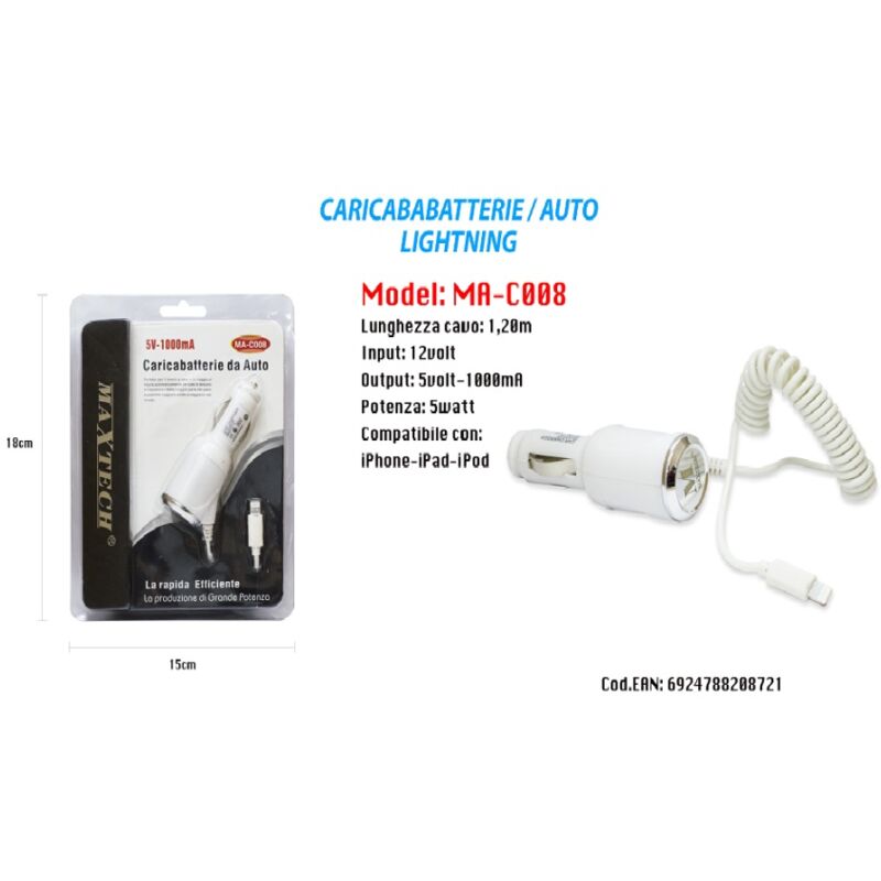 foto del prodotto maxtech caricabatterie da auto usb cellulare smartphone 5v 1000ma ma c008 
