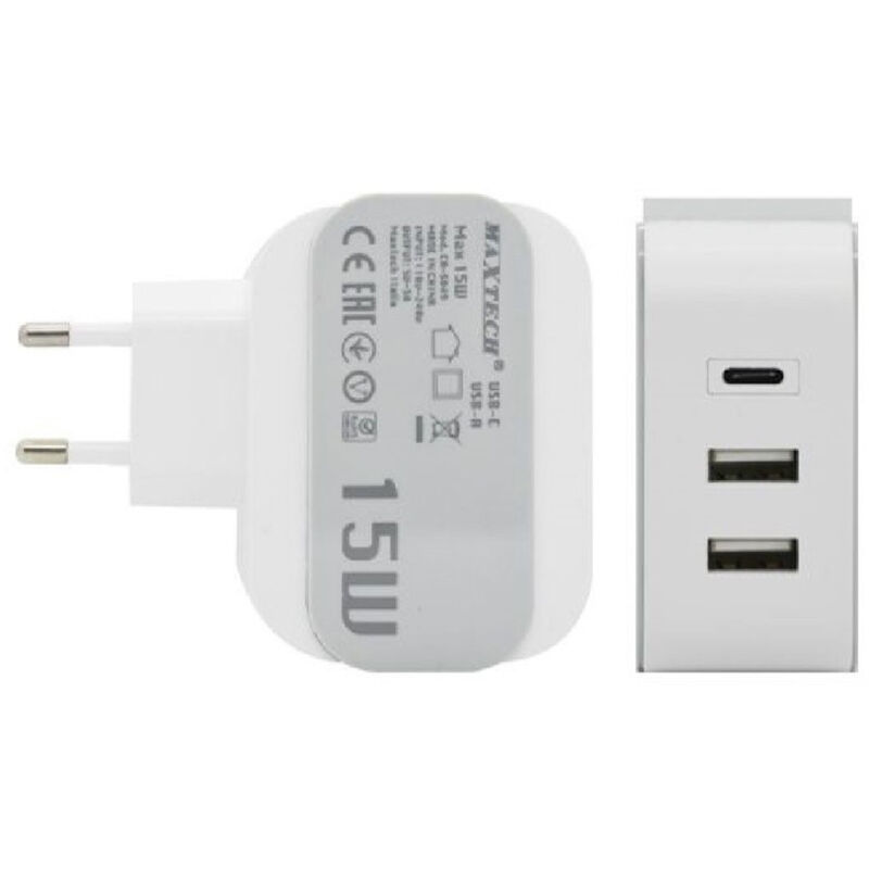 foto del prodotto maxtech caricatore parete casa doppia porta usb 1x usb c type c ricarica 15w 3a ca s049 