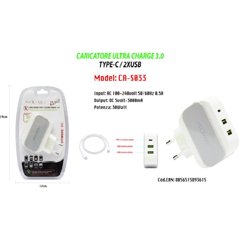 foto del prodotto maxtech caricatore ultra charge 3.0 type c 2xusb ricarica per smartphone 5v 3000ma ca s033 