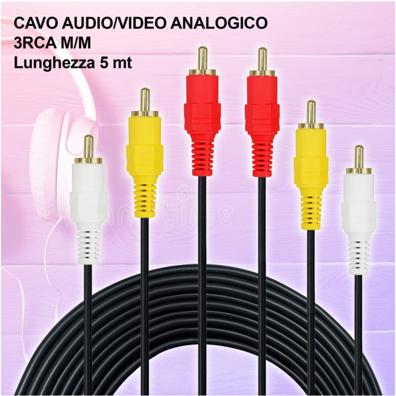 foto del prodotto maxtech cavo audio video analogico prolunga da 5 metri 3 rca 3rca maschio maschio 