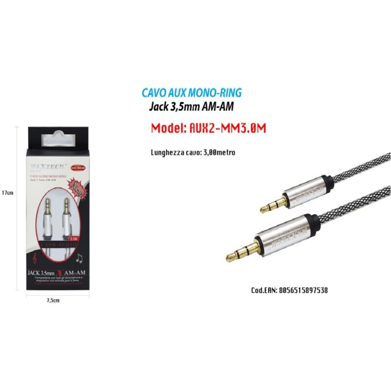 foto del prodotto maxtech cavo aux 3mt audio jack 3,5mm am am prolunga aux per smartphone aux2 mm3.0m 
