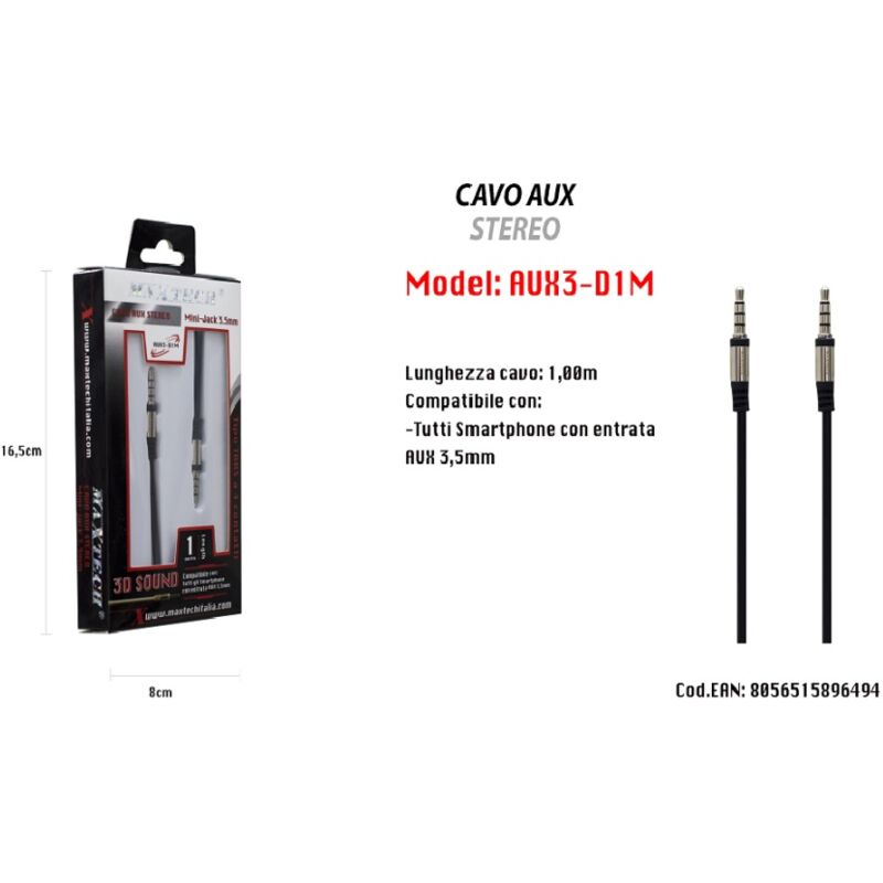 foto del prodotto maxtech cavo aux stereo 1mt mini jack 3,5mm per smartphone tipo trrs a 4 contatti aux3 d1m 