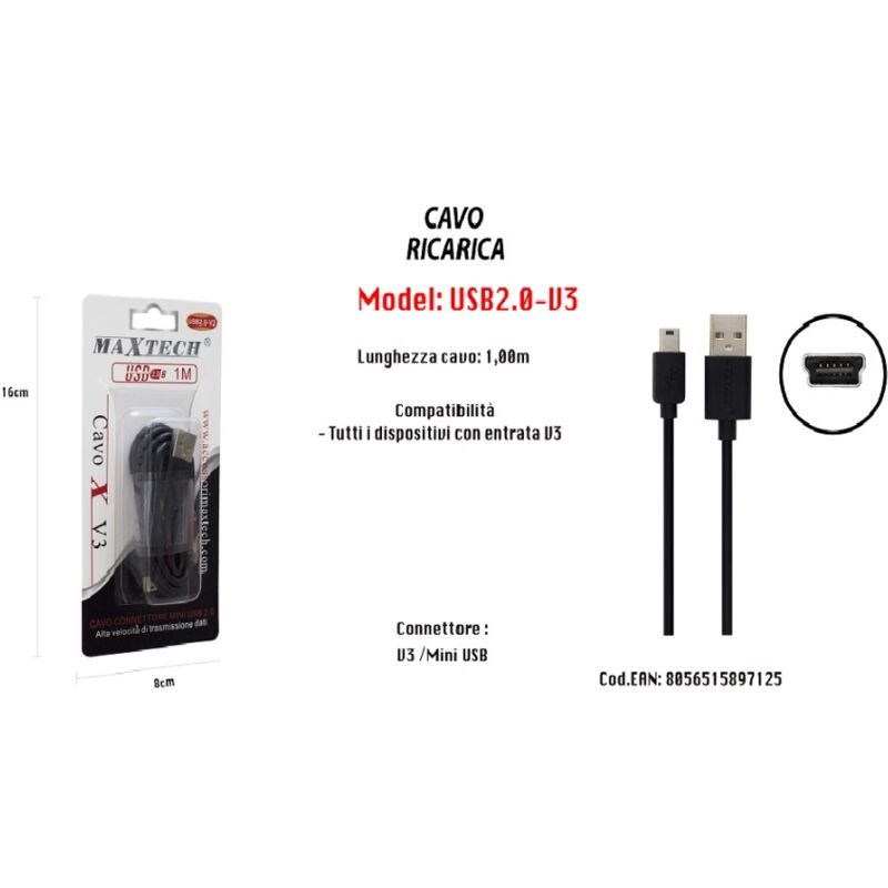 foto del prodotto maxtech cavo caricabatteria caricatore ricarica usb con entrata v3 1mt usb2.0 v3 